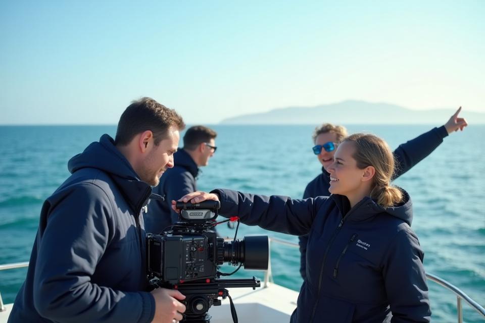 Équipe de Vent d'Ouest en pleine action sur un bateau, préparant une prise de vue