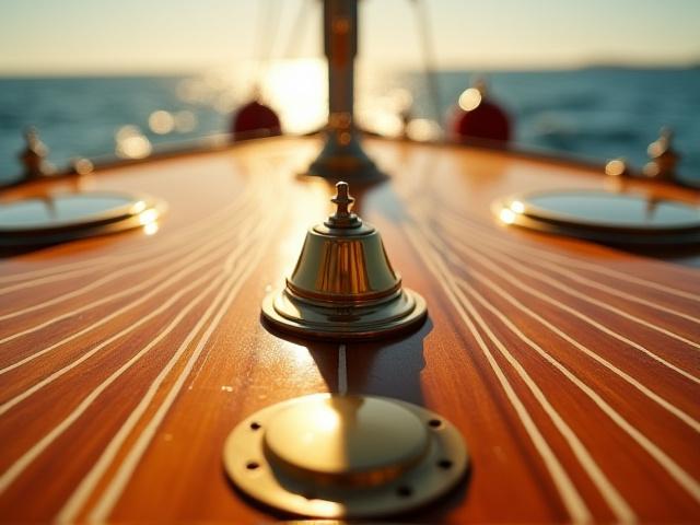Détail élégant d'un pont de bateau en bois verni sous le soleil