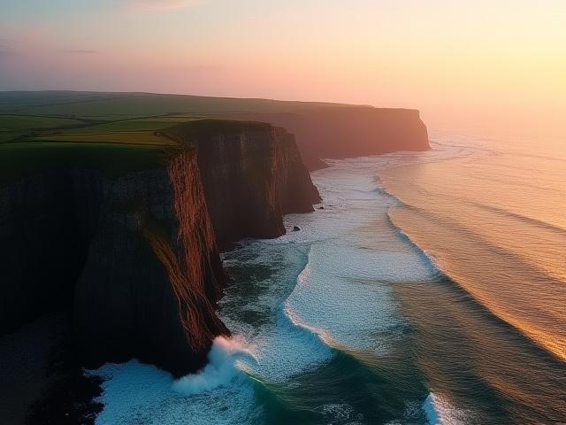 Vue aérienne spectaculaire d'une côte rocheuse bretonne au lever du soleil