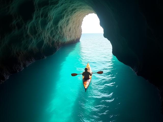Kayaker explorant des grottes marines le long d'une côte.