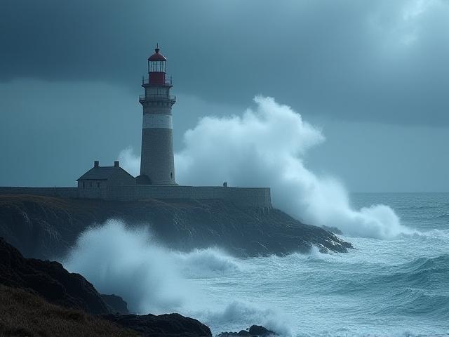 Phare breton emblématique sous une tempête, vagues imposantes