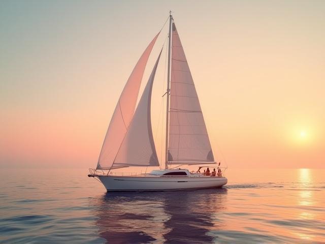 Voilier naviguant majestueusement sur une mer calme au coucher du soleil