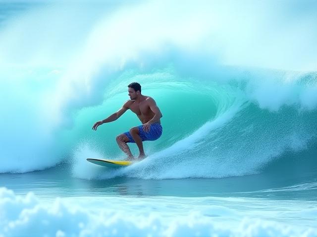 Surfeur en plein action sur une vague puissante, vue dynamique
