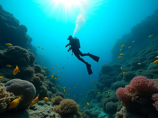 Plongeur explorant un récif coloré sous l'eau