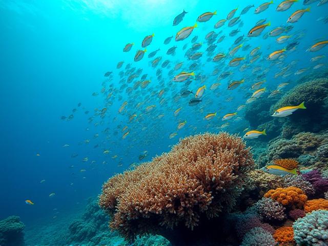 Vie marine colorée: banc de poissons près d'un corail vibrant